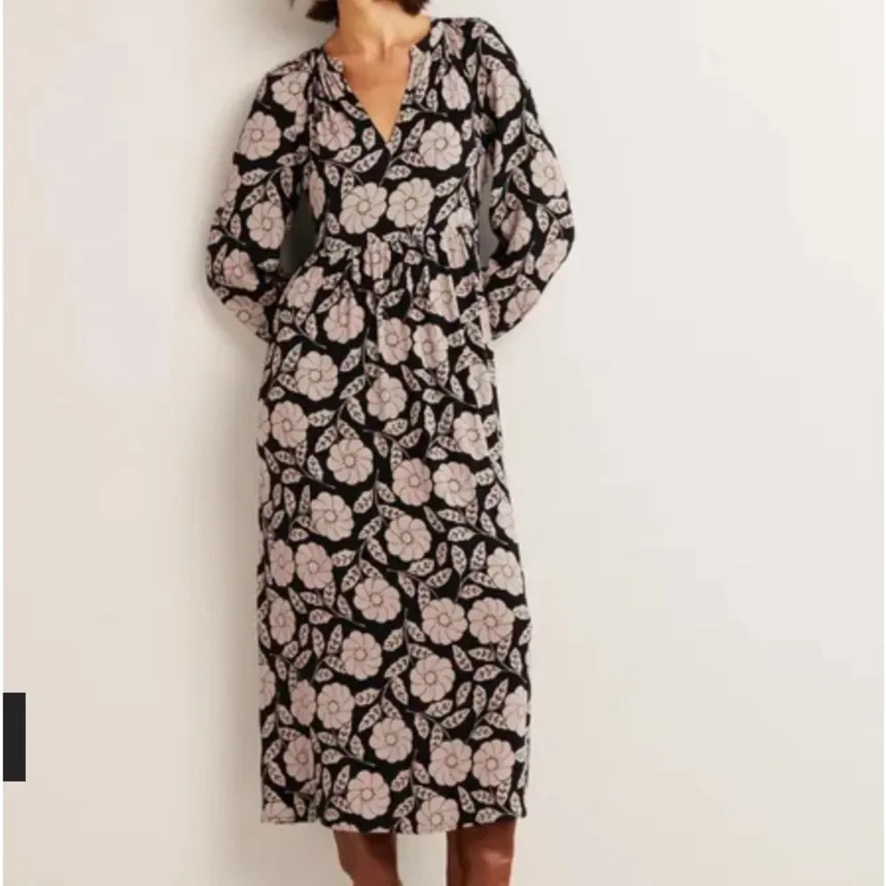 Boden Notch Neck Tiered Maxi Dress Black, Botanica color 12R NWT and in packag